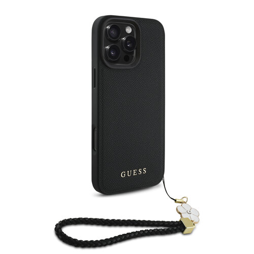 Guess Guess iPhone 16 Pro Back-Cover hul - Magsafe grained - flower charm strap - Schwarz