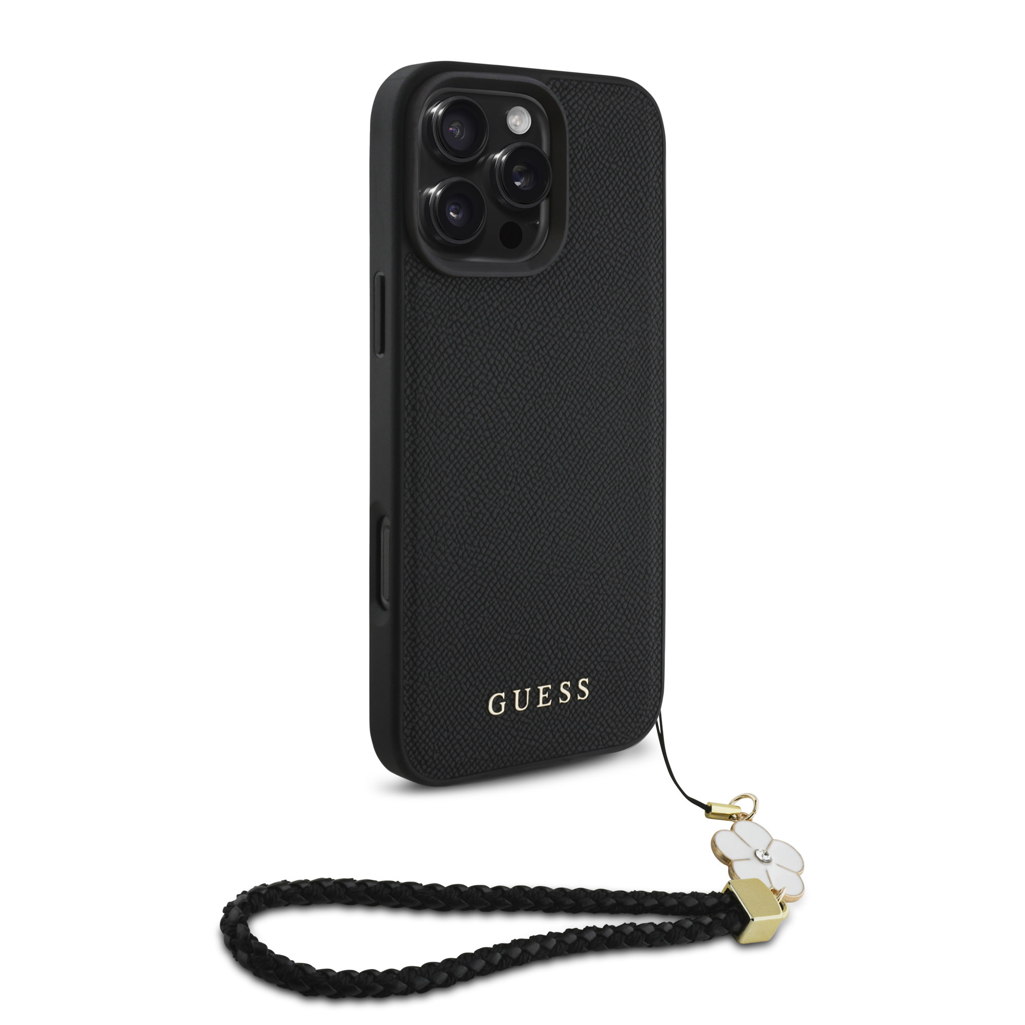 Guess Guess iPhone 16 Pro Backcover hoesje Magsafe grained - flower charm strap - Zwart, foto 3 van 6