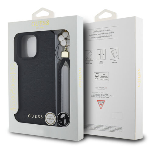 Guess Guess iPhone 16 Pro Back cover case - Magsafe grained - flower charm strap - Black