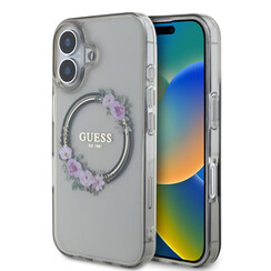Guess iPhone 16 Backcover hoesje Magsafe IML flowers wreath - Zwart