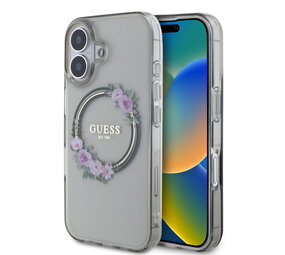 Guess Guess iPhone 16 Backcover hoesje Magsafe IML flowers wreath - Zwart Guess Guess iPhone 16 Backcover hoesje Magsafe IML flowers wreath - Zwart