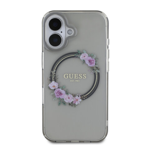 Guess Guess iPhone 16 Backcover hoesje Magsafe IML flowers wreath - Zwart Guess Guess iPhone 16 Backcover hoesje Magsafe IML flowers wreath - Zwart