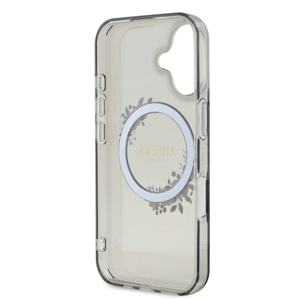 Guess Guess iPhone 16 Back cover coque Magsafe IML flowers wreath - Noir Guess Guess iPhone 16 Back cover coque Magsafe IML flowers wreath - Noir