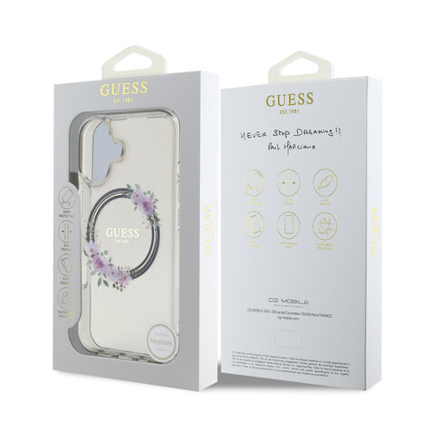 Guess Guess iPhone 16 Back cover case - Magsafe IML flowers wreath - Black Guess Guess iPhone 16 Back cover case - Magsafe IML flowers wreath - Black