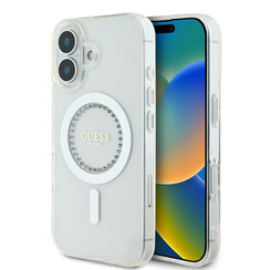 Guess iPhone 16 Backcover hoesje Magsafe IML Rhinestones - Wit