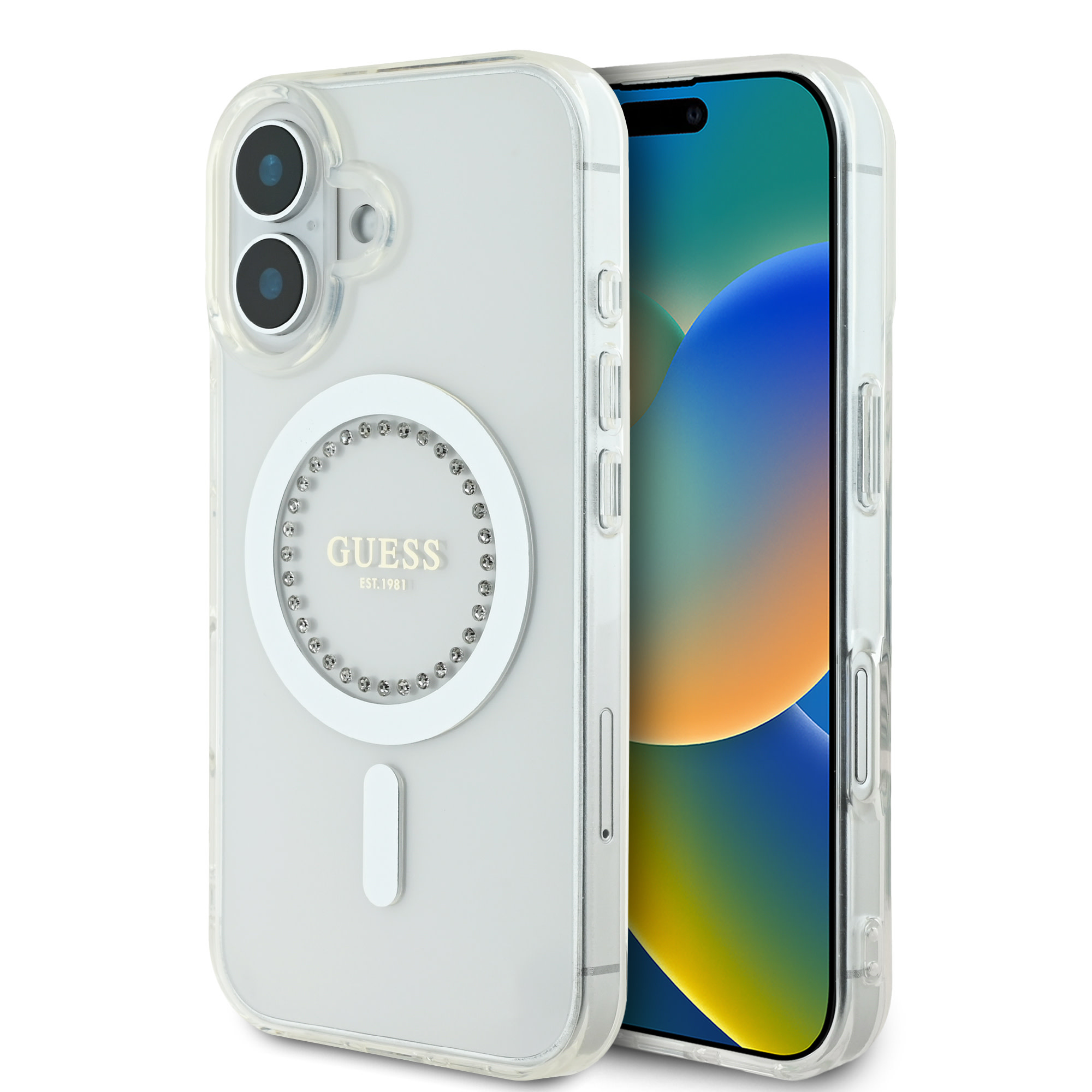 Guess Guess iPhone 16 Backcover hoesje Magsafe IML Rhinestones - Wit