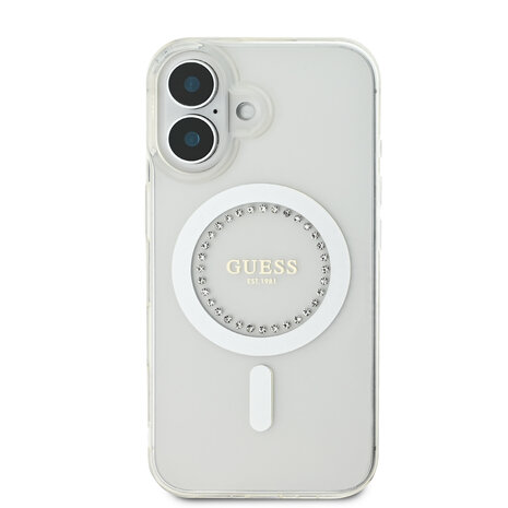 Guess Guess iPhone 16 Backcover hoesje Magsafe IML Rhinestones - Wit Guess Guess iPhone 16 Backcover hoesje Magsafe IML Rhinestones - Wit