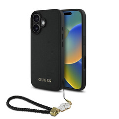 Guess iPhone 16 Back cover case - Magsafe grained - flower charm strap - Black