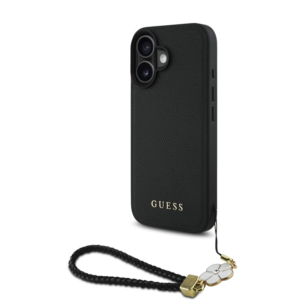 Guess Guess iPhone 16 Back cover case - Magsafe grained - flower charm strap - Black Guess Guess iPhone 16 Back cover case - Magsafe grained - flower charm strap - Black