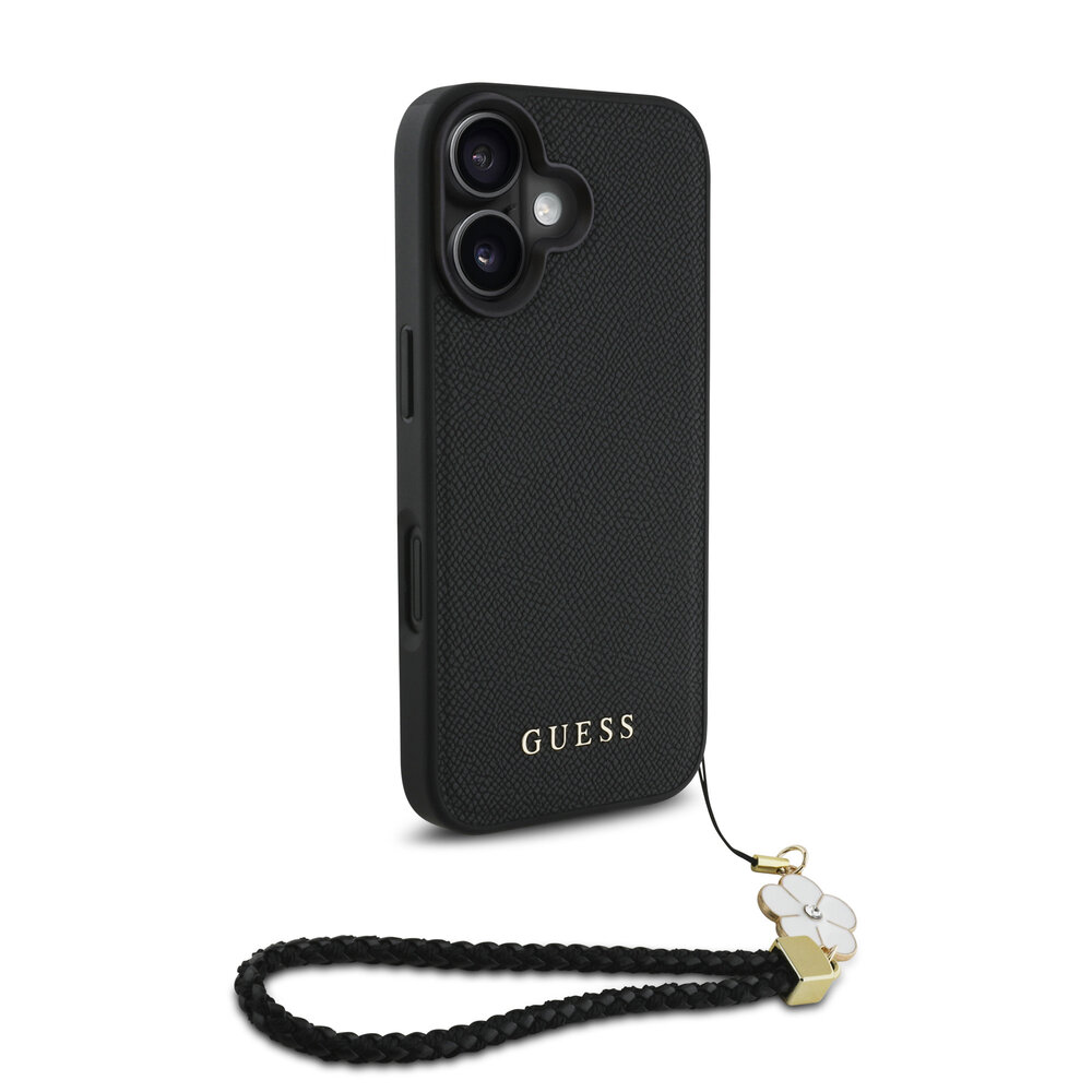 Guess Guess iPhone 16 Back cover case - Magsafe grained - flower charm strap - Black Guess Guess iPhone 16 Back cover case - Magsafe grained - flower charm strap - Black