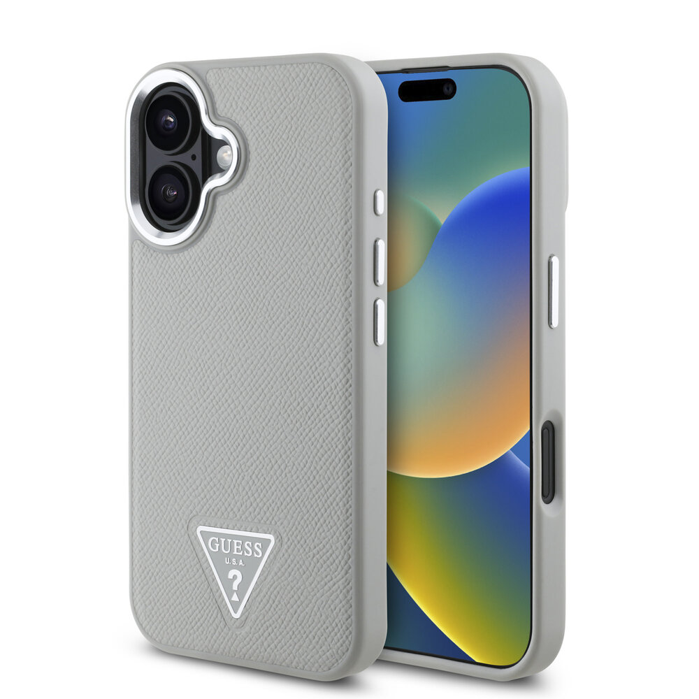 Guess Guess iPhone 16 Backcover hoesje Magsafe grained triangle logo - Beige Guess Guess iPhone 16 Backcover hoesje Magsafe grained triangle logo - Beige