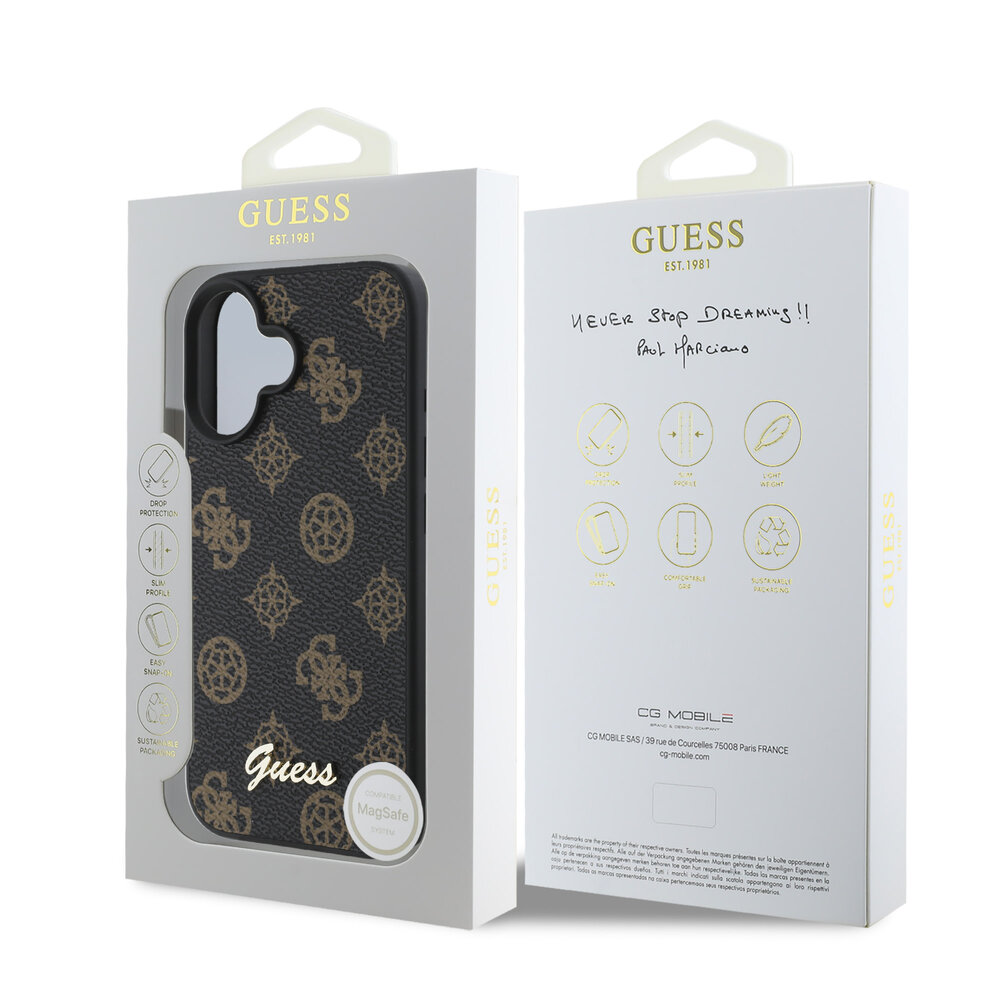 Guess Guess iPhone 16 Back cover case - Magsafe PU peony script - Black Guess Guess iPhone 16 Back cover case - Magsafe PU peony script - Black