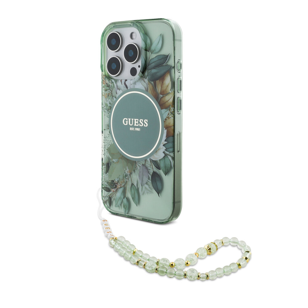 Guess Guess iPhone 16 Pro Max Back cover coque Magsafe IML Glitter with pearls strap - Vert Guess Guess iPhone 16 Pro Max Back cover coque Magsafe IML Glitter with pearls strap - Vert