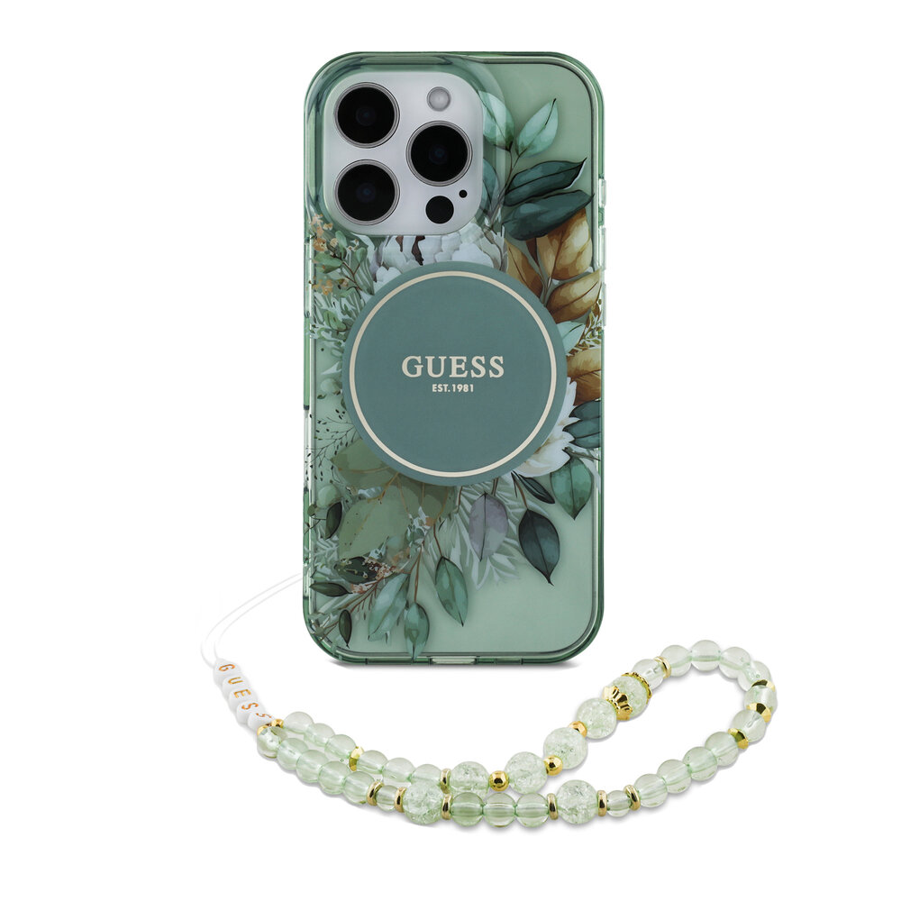 Guess Guess iPhone 16 Pro Max Back cover coque Magsafe IML Glitter with pearls strap - Vert Guess Guess iPhone 16 Pro Max Back cover coque Magsafe IML Glitter with pearls strap - Vert
