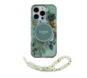 Guess Guess iPhone 16 Pro Max Backcover hoesje Magsafe IML Glitter with pearls strap - Groen Guess Guess iPhone 16 Pro Max Backcover hoesje Magsafe IML Glitter with pearls strap - Groen