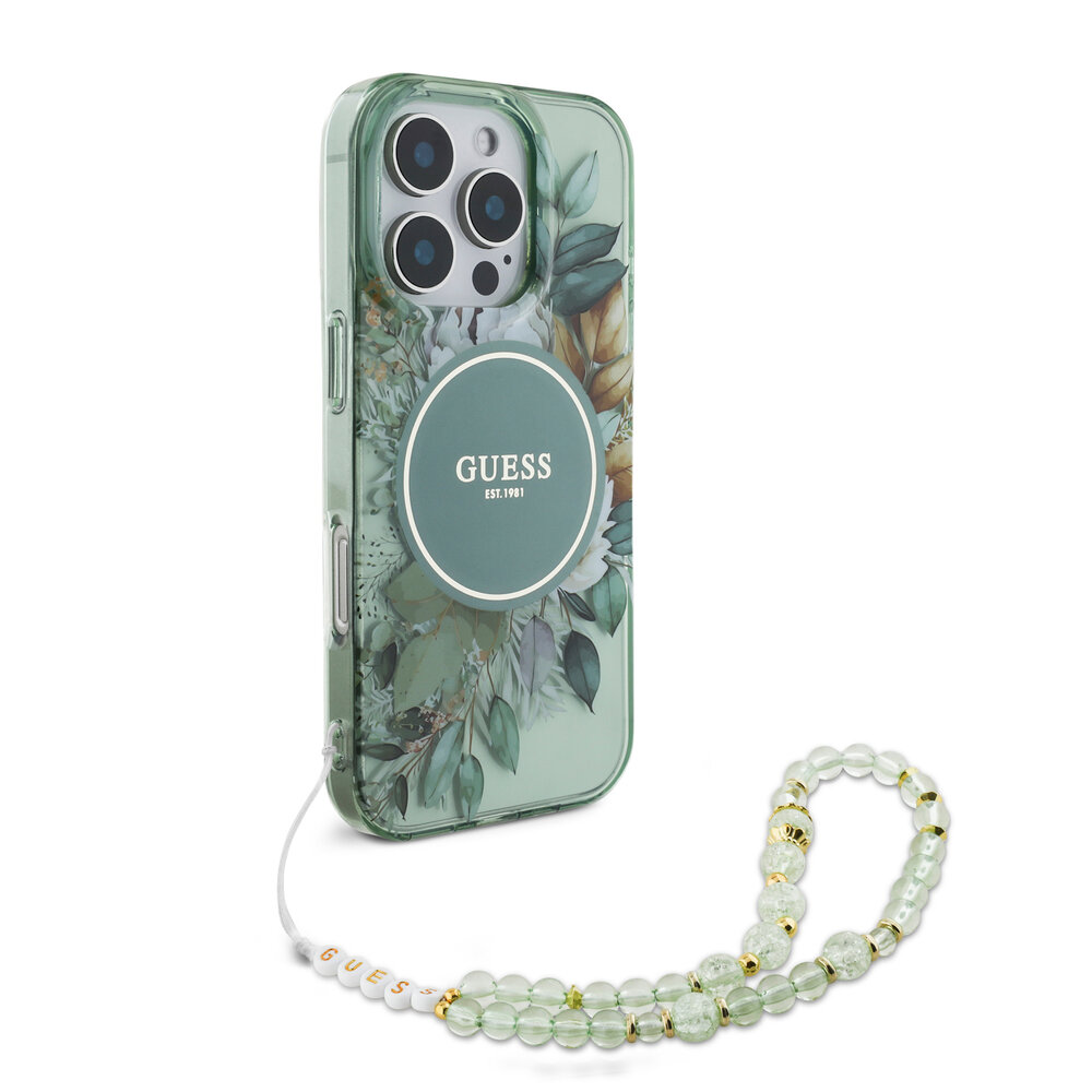 Guess Guess iPhone 16 Pro Max Back cover coque Magsafe IML Glitter with pearls strap - Vert Guess Guess iPhone 16 Pro Max Back cover coque Magsafe IML Glitter with pearls strap - Vert
