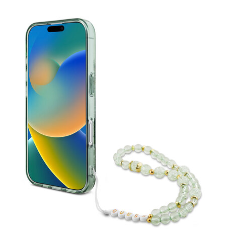 Guess Guess iPhone 16 Pro Max Back cover coque Magsafe IML Glitter with pearls strap - Vert Guess Guess iPhone 16 Pro Max Back cover coque Magsafe IML Glitter with pearls strap - Vert