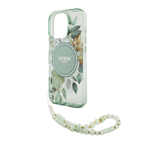 Guess Guess iPhone 16 Pro Max Back cover case - Magsafe IML Glitter with pearls strap - Green