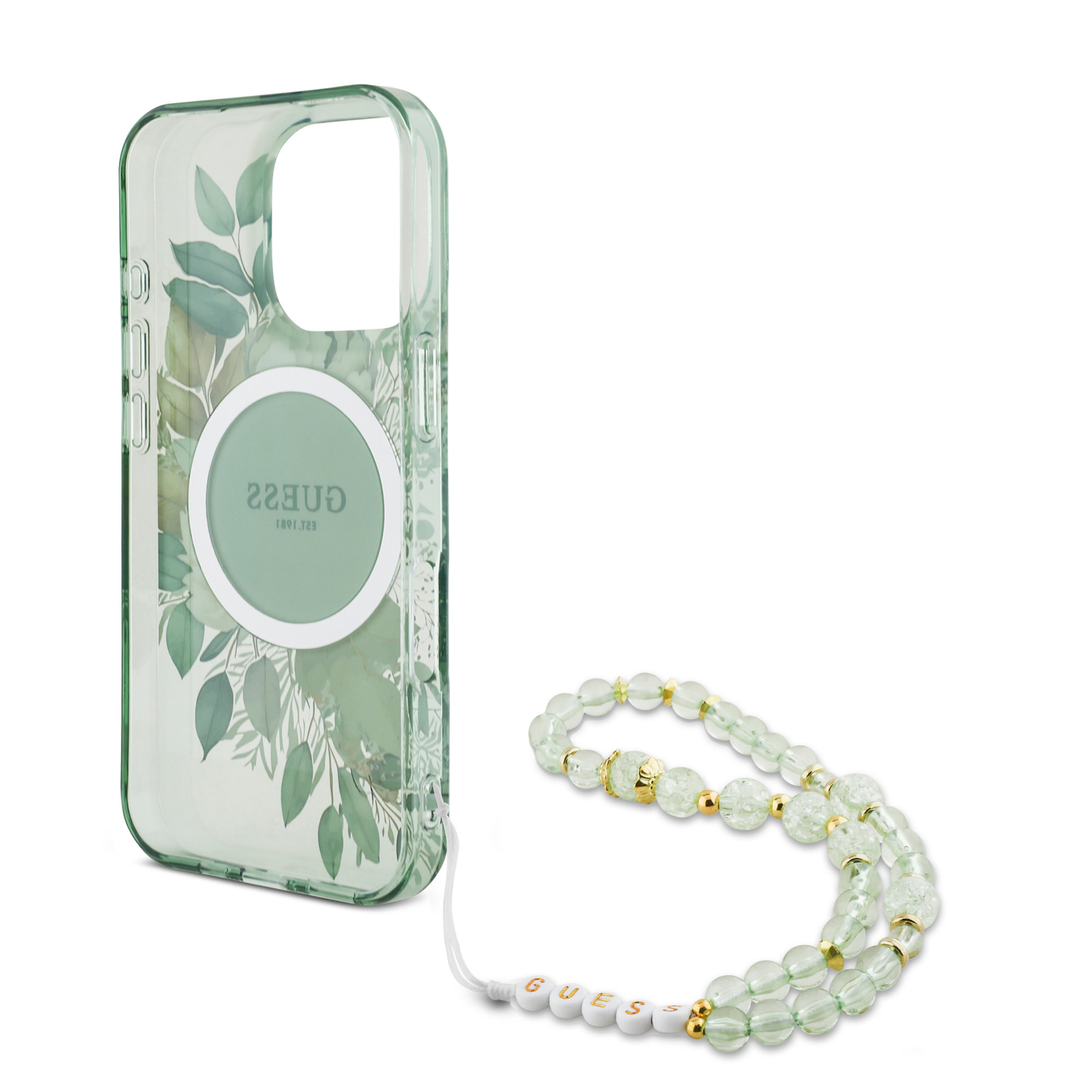Guess Guess iPhone 16 Pro Max Backcover hoesje Magsafe IML Glitter with pearls strap - Groen, foto 5 van 6