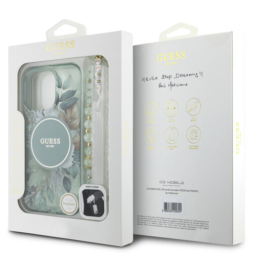 Guess Guess iPhone 16 Pro Max Back cover case - Magsafe IML Glitter with pearls strap - Green