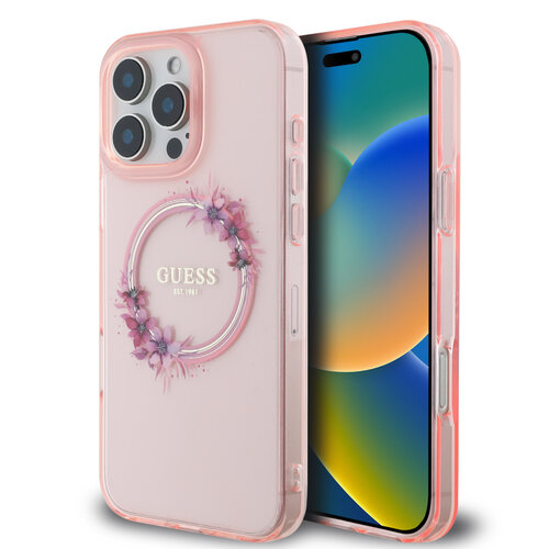 Guess Guess iPhone 16 Pro Max Backcover hoesje Magsafe IML flowers wreath - Roze