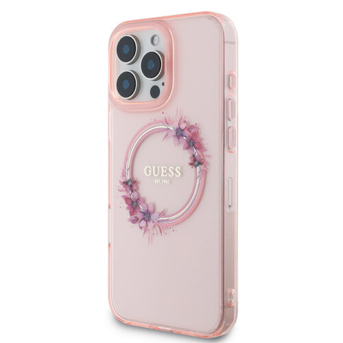 Guess Guess iPhone 16 Pro Max Backcover hoesje Magsafe IML flowers wreath - Roze