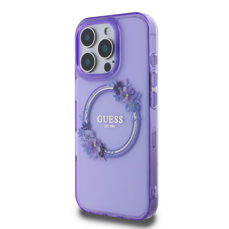 Guess Guess iPhone 16 Pro Max Back-Cover hul - Magsafe IML flowers wreath - Lila Guess Guess iPhone 16 Pro Max Back-Cover hul - Magsafe IML flowers wreath - Lila