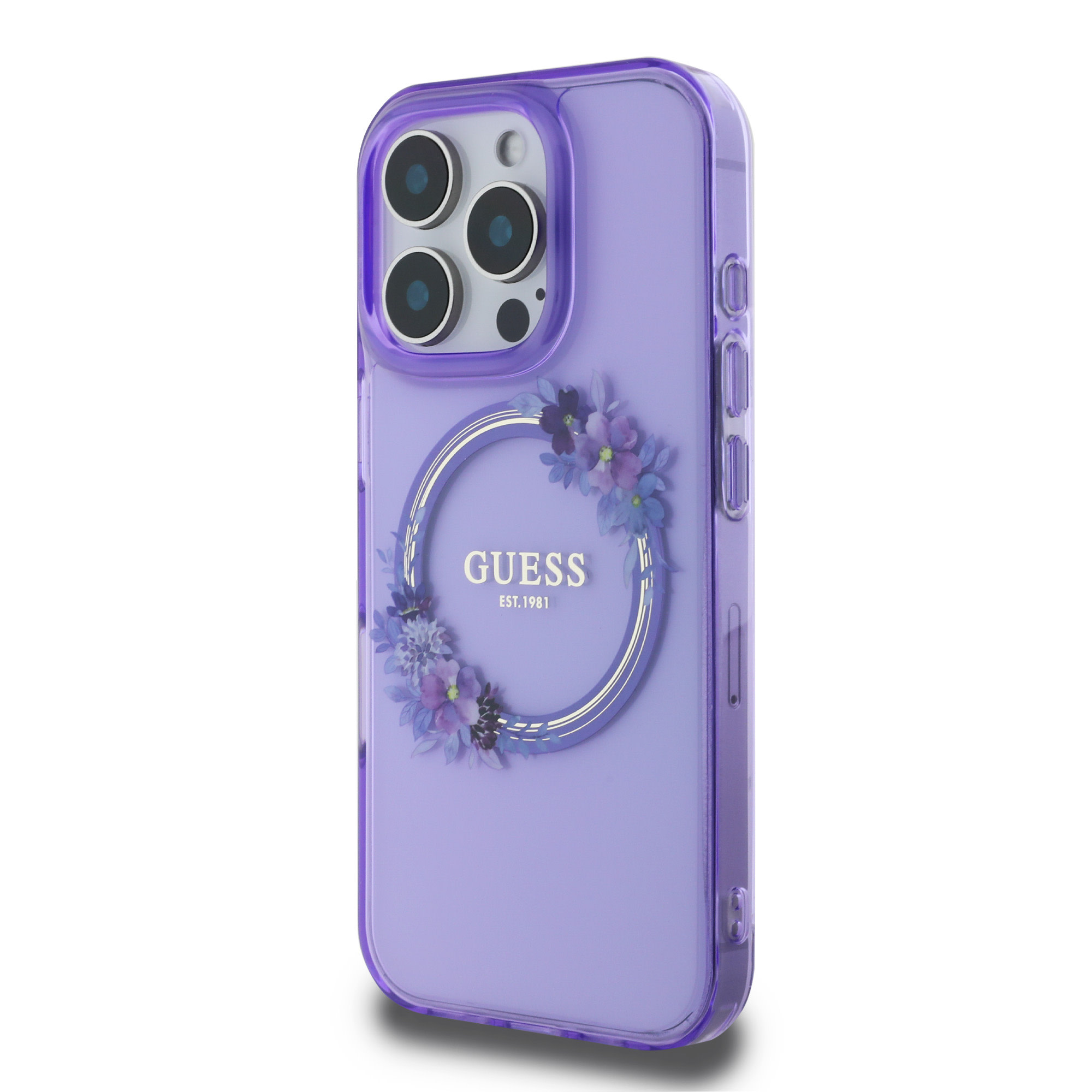 Guess Guess iPhone 16 Pro Max Backcover hoesje Magsafe IML flowers wreath - Paars, foto 2 van 6