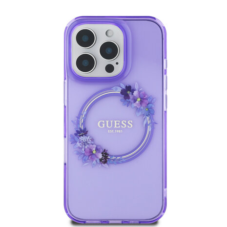 Guess Guess iPhone 16 Pro Max Backcover hoesje Magsafe IML flowers wreath - Paars Guess Guess iPhone 16 Pro Max Backcover hoesje Magsafe IML flowers wreath - Paars