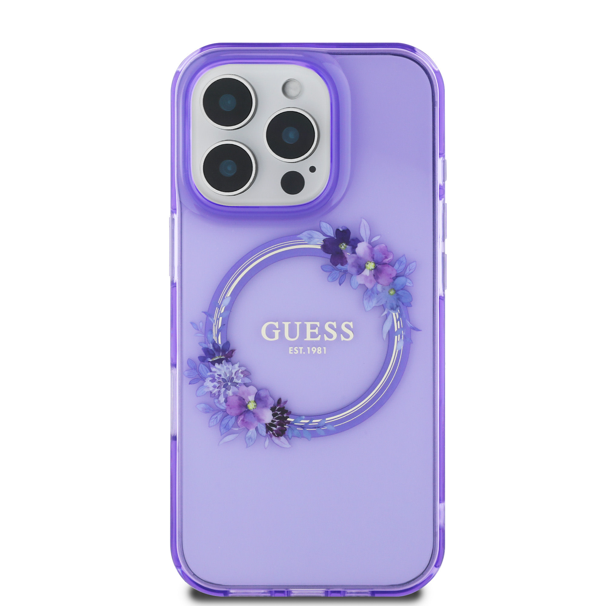Guess Guess iPhone 16 Pro Max Backcover hoesje Magsafe IML flowers wreath - Paars, foto 3 van 6