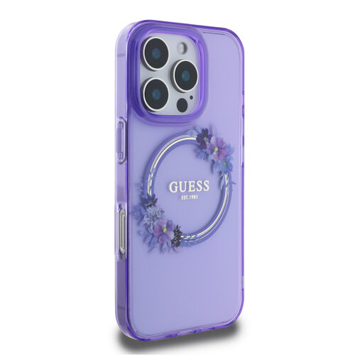 Guess Guess iPhone 16 Pro Max Back cover case - Magsafe IML flowers wreath - Purple