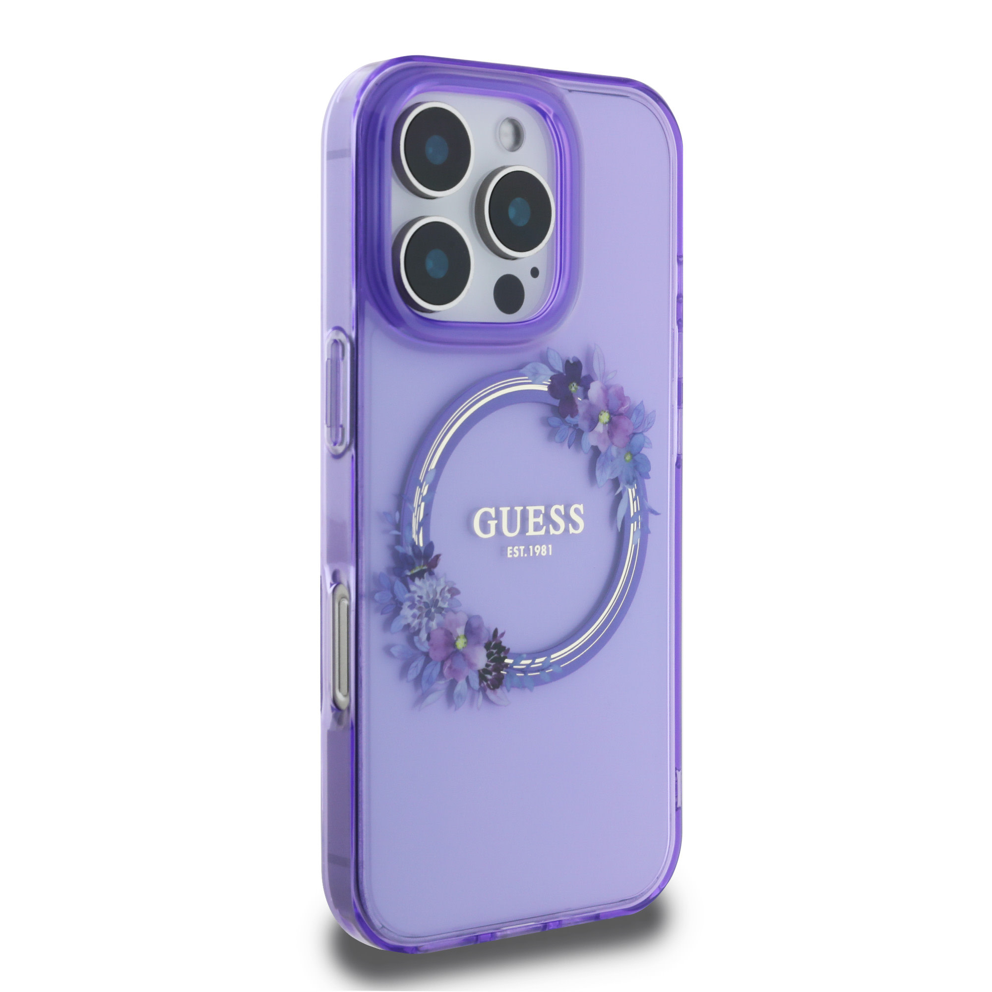 Guess Guess iPhone 16 Pro Max Backcover hoesje Magsafe IML flowers wreath - Paars, foto 4 van 6