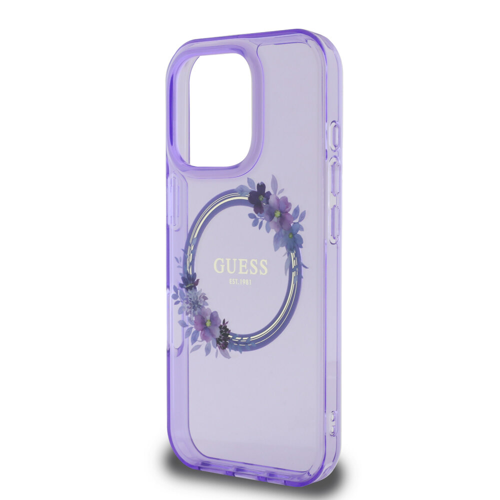 Guess Guess iPhone 16 Pro Max Back-Cover hul - Magsafe IML flowers wreath - Lila Guess Guess iPhone 16 Pro Max Back-Cover hul - Magsafe IML flowers wreath - Lila