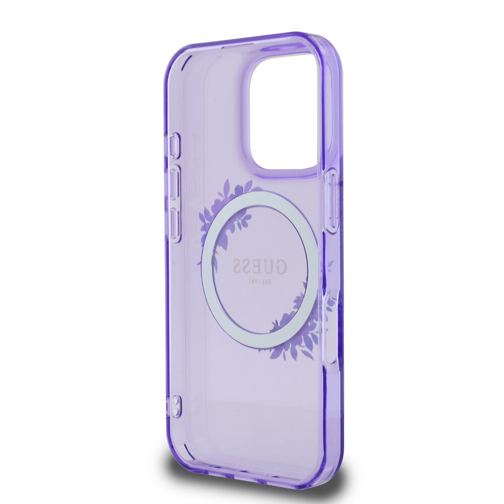 Guess Guess iPhone 16 Pro Max Backcover hoesje Magsafe IML flowers wreath - Paars Guess Guess iPhone 16 Pro Max Backcover hoesje Magsafe IML flowers wreath - Paars