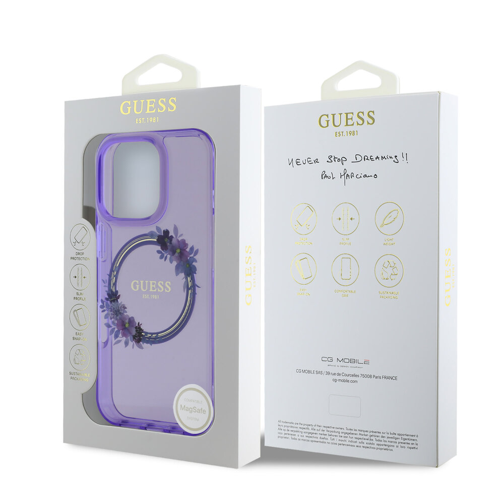 Guess Guess iPhone 16 Pro Max Back-Cover hul - Magsafe IML flowers wreath - Lila Guess Guess iPhone 16 Pro Max Back-Cover hul - Magsafe IML flowers wreath - Lila
