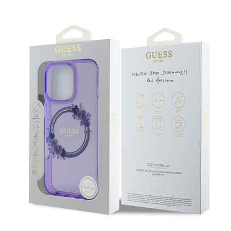 Guess Guess iPhone 16 Pro Max Back-Cover hul - Magsafe IML flowers wreath - Lila Guess Guess iPhone 16 Pro Max Back-Cover hul - Magsafe IML flowers wreath - Lila