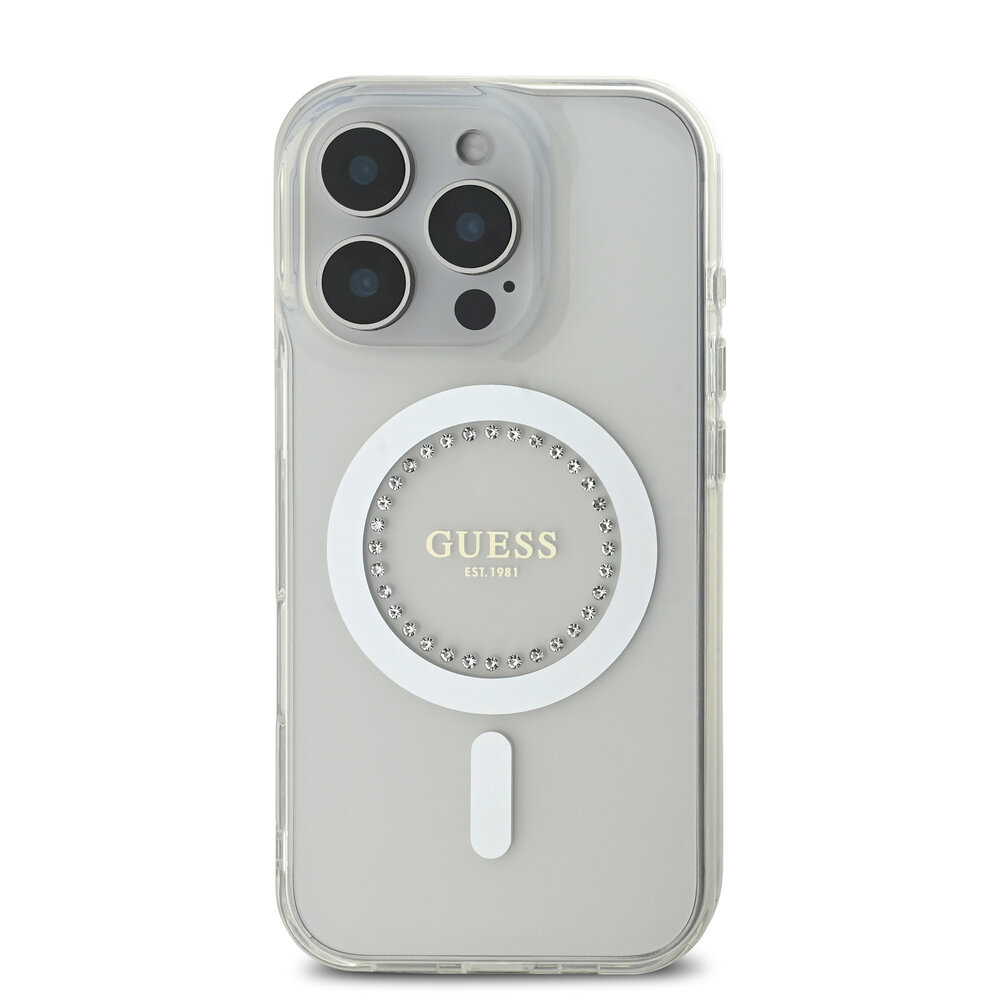Guess Guess iPhone 16 Pro Max Back cover case - Magsafe IML Rhinestones - White Guess Guess iPhone 16 Pro Max Back cover case - Magsafe IML Rhinestones - White