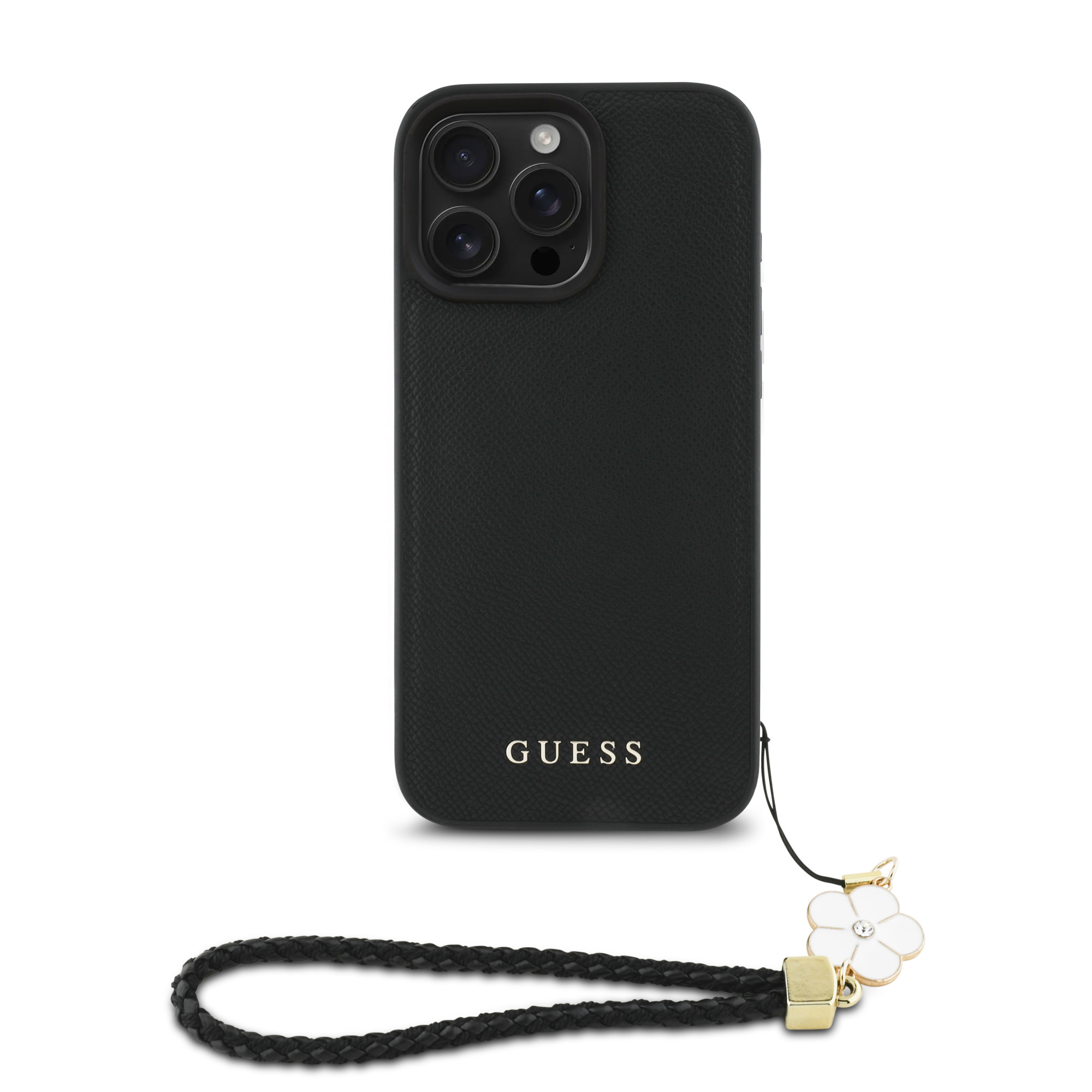 Guess Guess iPhone 16 Pro Max Backcover hoesje Magsafe grained - flower charm strap - Zwart, foto 2 van 6