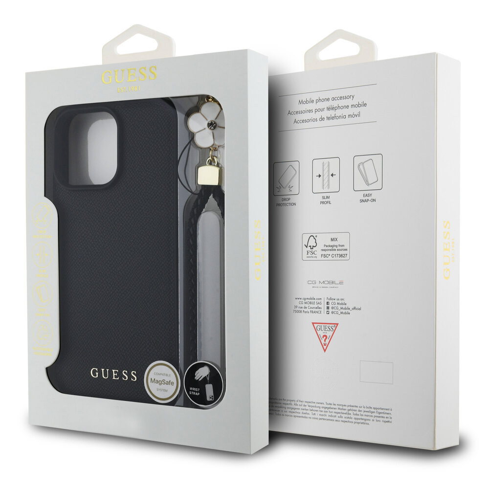 Guess Guess iPhone 16 Pro Max Back cover coque Magsafe grained - flower charm strap - Noir Guess Guess iPhone 16 Pro Max Back cover coque Magsafe grained - flower charm strap - Noir