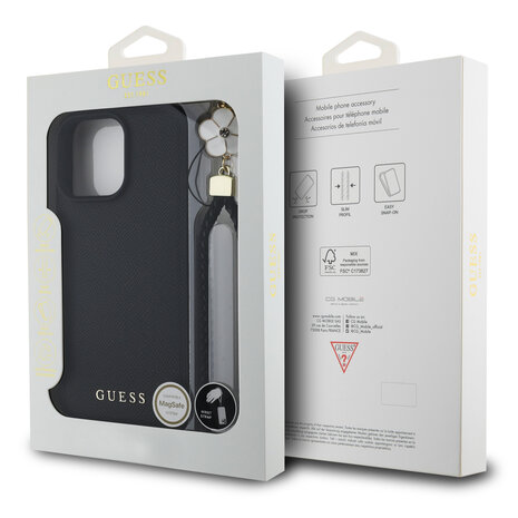 Guess Guess iPhone 16 Pro Max Back cover coque Magsafe grained - flower charm strap - Noir Guess Guess iPhone 16 Pro Max Back cover coque Magsafe grained - flower charm strap - Noir