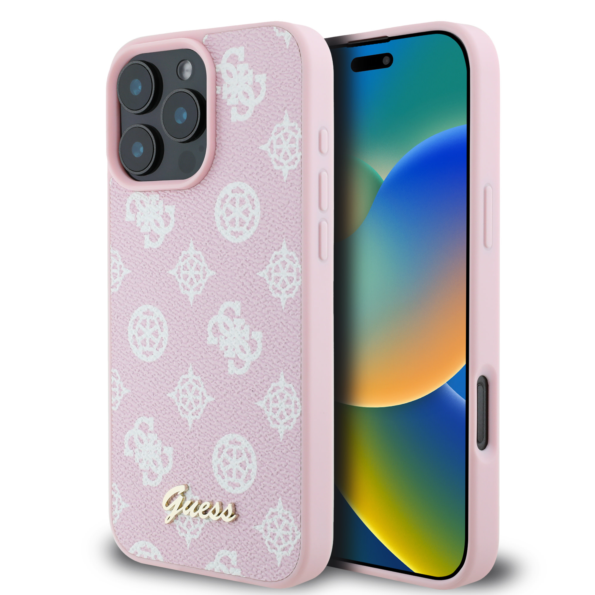 Guess Guess iPhone 16 Pro Max Backcover hoesje Magsafe PU peony script - Roze