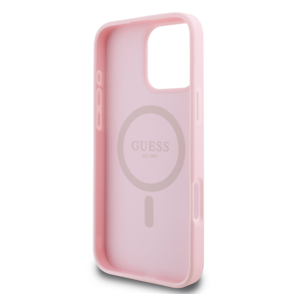 Guess Guess iPhone 16 Pro Max Backcover hoesje Magsafe PU peony script - Roze Guess Guess iPhone 16 Pro Max Backcover hoesje Magsafe PU peony script - Roze