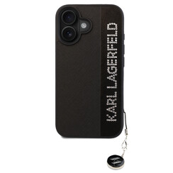 Karl Lagerfeld iPhone 16 Back cover case - Saffiano rhinestones and charm - Black