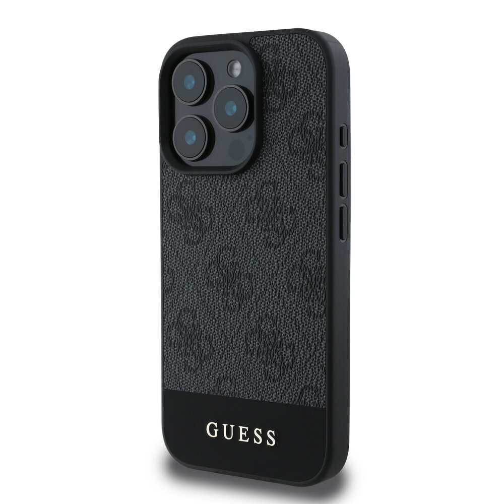 Guess Guess iPhone 16 Pro Back-Cover hul - 4G PU Leather - Bottom Stripe - Grau Guess Guess iPhone 16 Pro Back-Cover hul - 4G PU Leather - Bottom Stripe - Grau