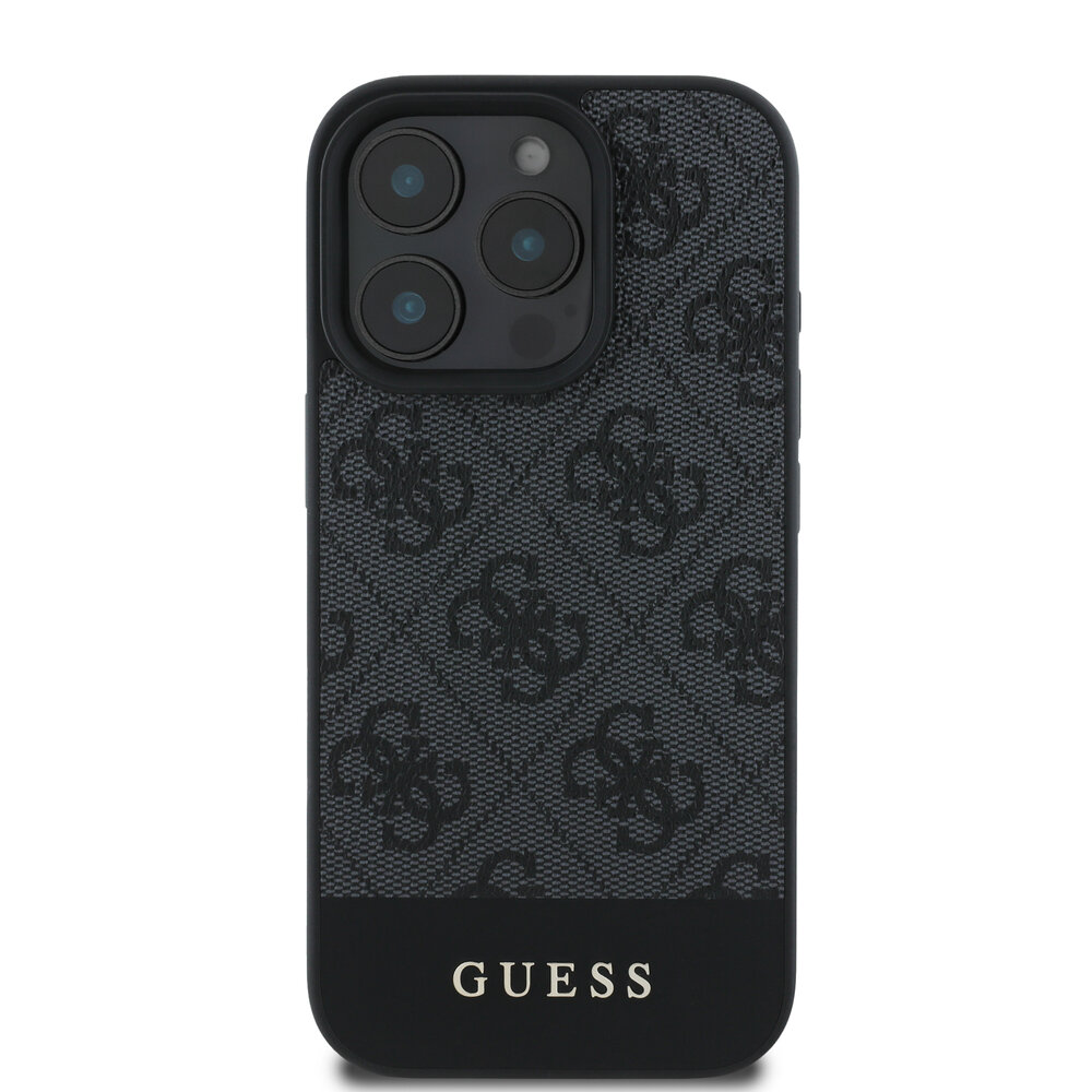 Guess Guess iPhone 16 Pro Back-Cover hul - 4G PU Leather - Bottom Stripe - Grau Guess Guess iPhone 16 Pro Back-Cover hul - 4G PU Leather - Bottom Stripe - Grau