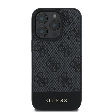 Guess Guess iPhone 16 Pro Backcover hoesje - 4G PU Leather - Bottom Stripe - Grijs Guess Guess iPhone 16 Pro Backcover hoesje - 4G PU Leather - Bottom Stripe - Grijs