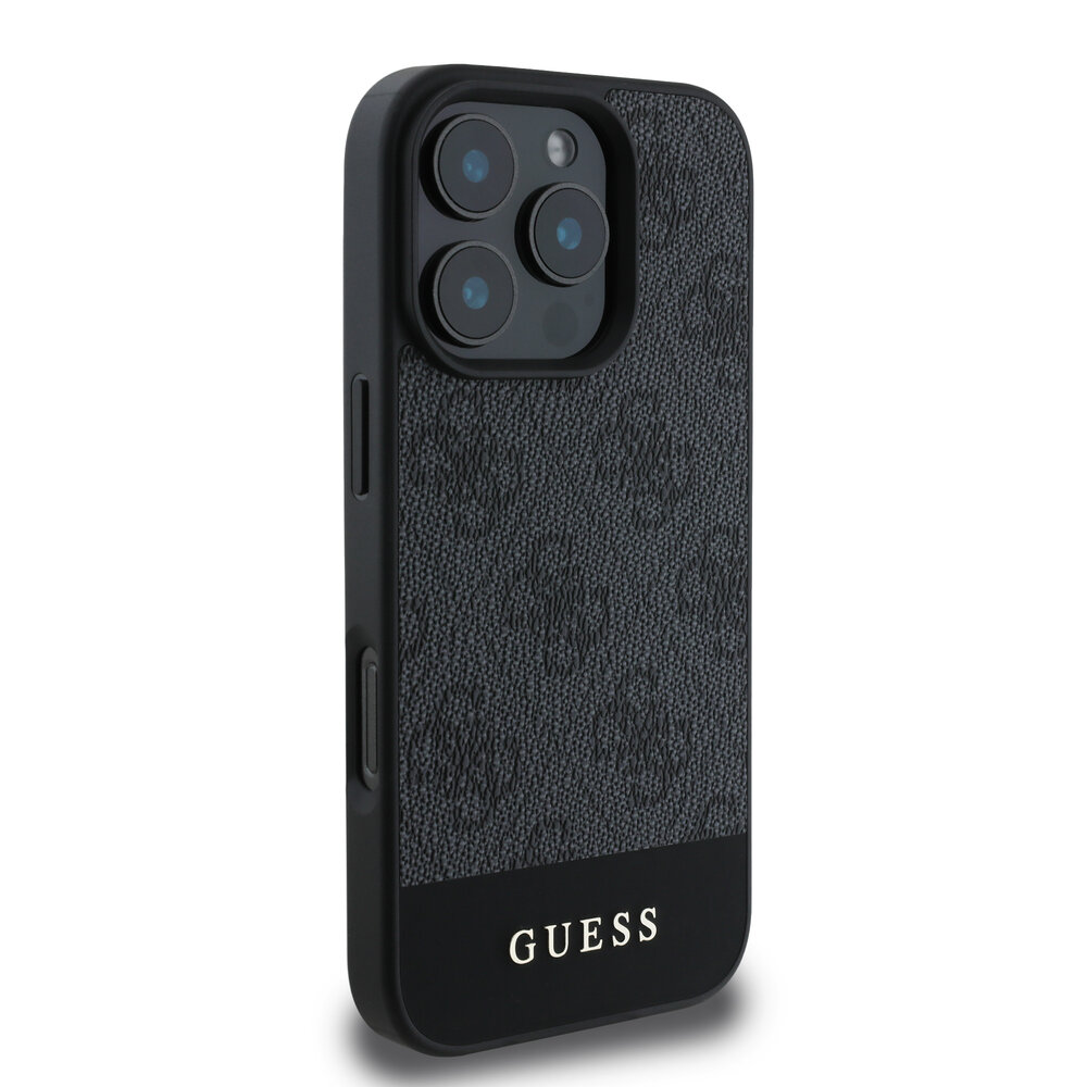 Guess Guess iPhone 16 Pro Back cover case - Magsafe - 4G PU Leather - Bottom Stripe - Grey