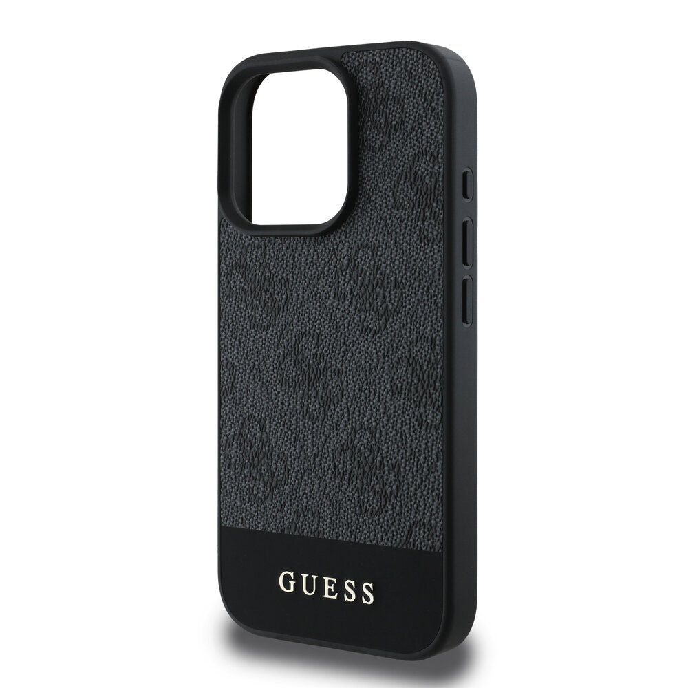 Guess Guess iPhone 16 Pro Back-Cover hul - 4G PU Leather - Bottom Stripe - Grau Guess Guess iPhone 16 Pro Back-Cover hul - 4G PU Leather - Bottom Stripe - Grau