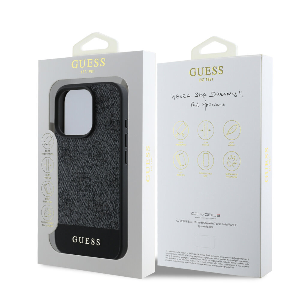Guess Guess iPhone 16 Pro Back cover coque - Magsafe - 4G PU Leather - Bottom Stripe - Gris Guess Guess iPhone 16 Pro Back cover coque - Magsafe - 4G PU Leather - Bottom Stripe - Gris