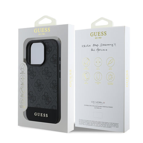 Guess Guess iPhone 16 Pro Back cover coque - 4G PU Leather - Bottom Stripe - Gris Guess Guess iPhone 16 Pro Back cover coque - 4G PU Leather - Bottom Stripe - Gris